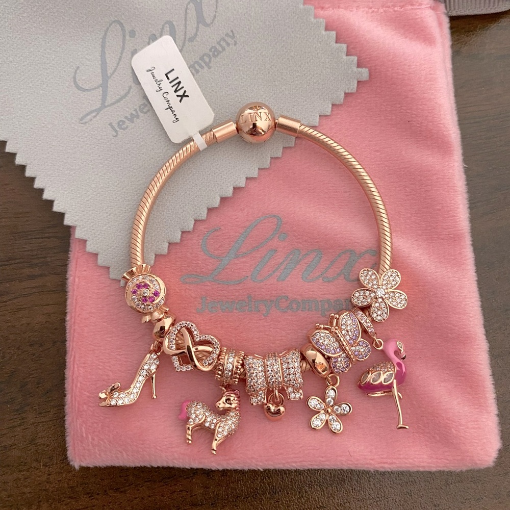 Linx Rose Gold Snake Chain Bracelet with Pink and Rose Gold Zircon Themed Charms